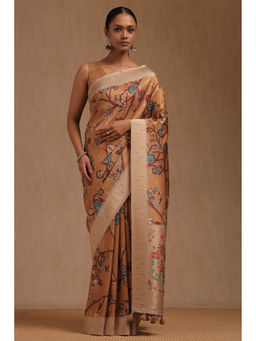 Soch - Women's Mustard Tussar Floral Print Saree with Unstitched Blouse