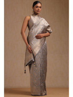 Soch - Women's Light Grey Dola Silk Floral Print Zari Woven Saree with Unstitched Blouse