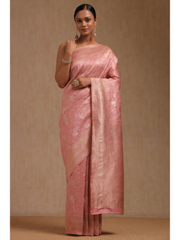 Soch - Women's Pink Dola Silk Floral Print Zari Woven Saree with Unstitched Blouse