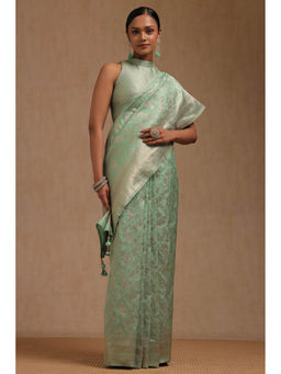 Soch - Women's Light Green Dola Silk Floral Print Zari Woven Saree with Unstitched Blouse