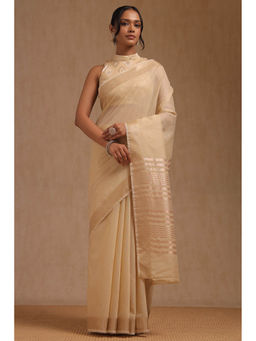 Soch - Women's Beige Linen Solid Saree with Unstitched Blouse