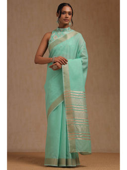 Soch - Women's Sea Green Linen Solid Saree with Unstitched Blouse