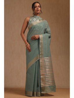 Soch - Women's Light Green Linen Solid Saree with Unstitched Blouse