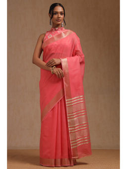 Soch - Women's Coral Linen Solid Saree with Unstitched Blouse