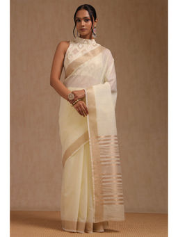 Soch - Women's Cream Linen Solid Saree with Unstitched Blouse