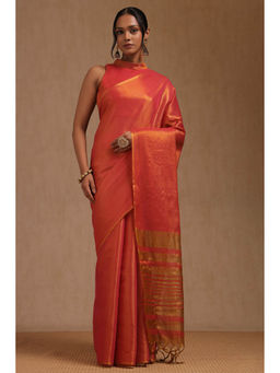 Soch - Women's Orange Tissue Solid Saree with Unstitched Blouse