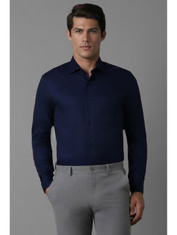 Louis Philippe - Men Navy Blue Regular Fit Self Design Full Sleeves Formal Shirt
