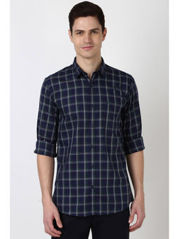 Peter England - Men Navy Blue Slim Fit Checks Shirt