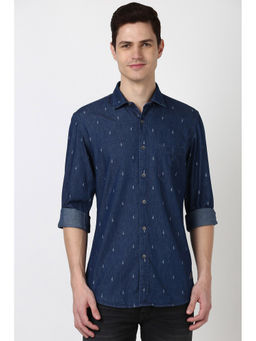 Peter England - Men Navy Blue Slim Fit Embroidered Party Shirt