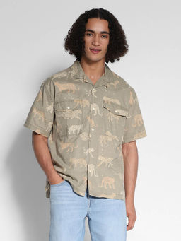 American Eagle - Men Olive Stretch Printed Button-Up Shirt