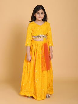 PICCOLO - Mirrorwork Lehenga Choli With Belt And Attached Dupatta (Set of 3)