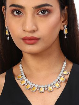 Voylla - American Diamond CZ Silver Plated Pearl Necklace Yellow Stone (Set of 3)
