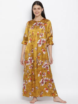 Oxolloxo - Mustard Floral Satin Print Women Nightwear Dress