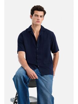 Snitch - Navy Blue Textured Half Sleeves Boxy Shirt for Men
