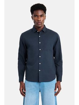 Snitch - Navy Blue Textured Full Sleeves Regular Resort/Vacation Shirt for Men
