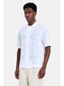 Snitch - White Floral Embroidered Half Sleeves Oversized Shirt for Men
