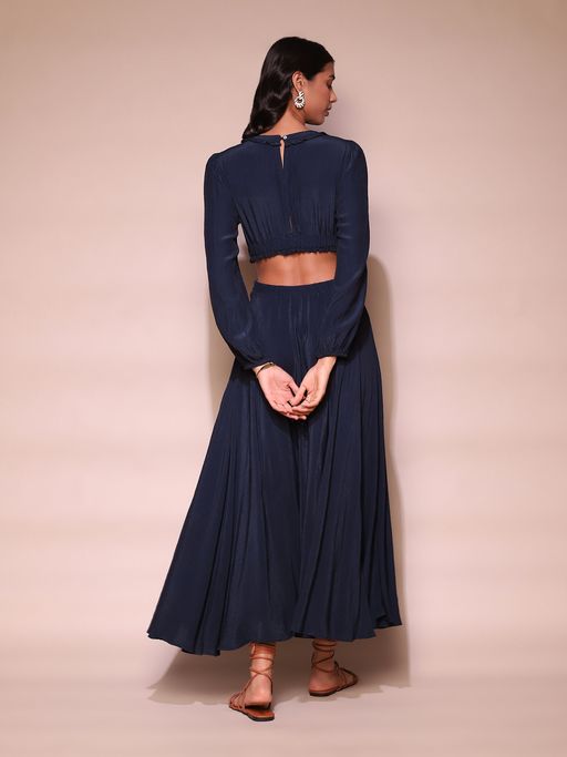 ritu kumar navy blue dress LABEL Navy blue botanical print long dress - RITU KUMAR