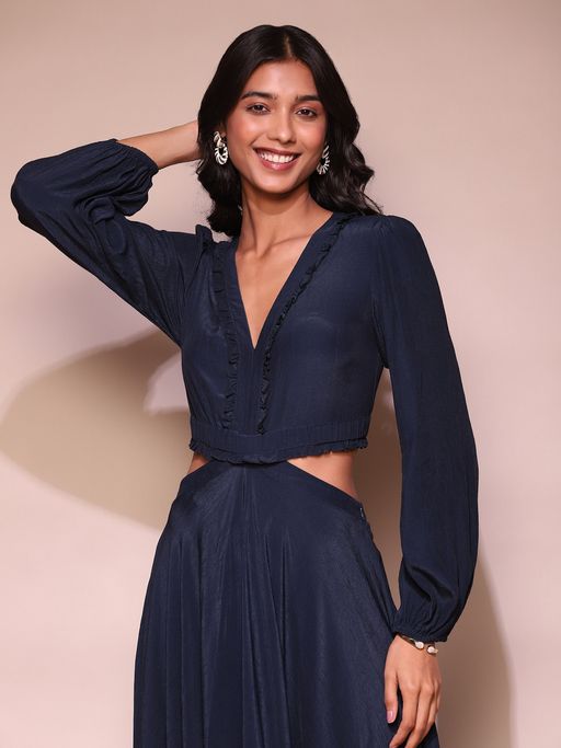 ritu kumar navy blue dress Navy Blue Viscose Silk Floral Printed Midi Dress Design by Ritu Kumar at Pernia's Pop Up Shop 2026