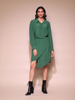 Label Ritu Kumar - Emerald Draped Satin Knee Length Dress-green