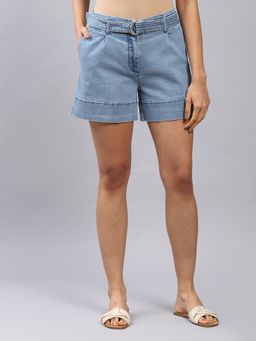 Label Ritu Kumar - Medium Blue High-Rise Denim Shorts with Belt