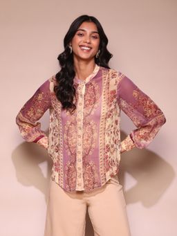 Label Ritu Kumar - Purple Floral Print Shirt Blouse with Inner (Set of 2)
