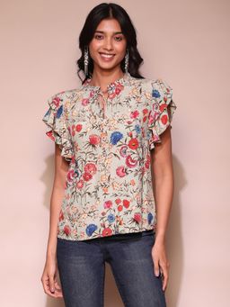 Label Ritu Kumar - Green Floral Print Top