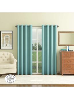 HomeTown - Fiesta Solid Textured Sheer Door Curtains 7 Feet In Turquoise Colour (Set of 2)