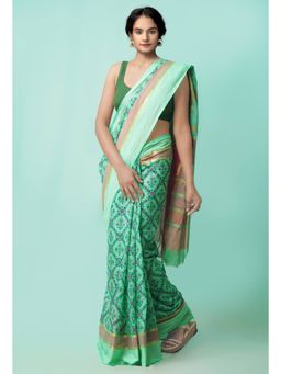 Unnati Silks - Green Pure Hand Block Printed Mangalagiri Cotton Saree with Unstitched Blouse