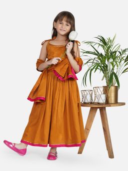 Akiso - Gold Spaghetti Strapped Lehenga with Dupatta (Set of 3)