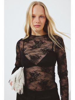 NA-KD - Long Sleeve Lace Top - Black