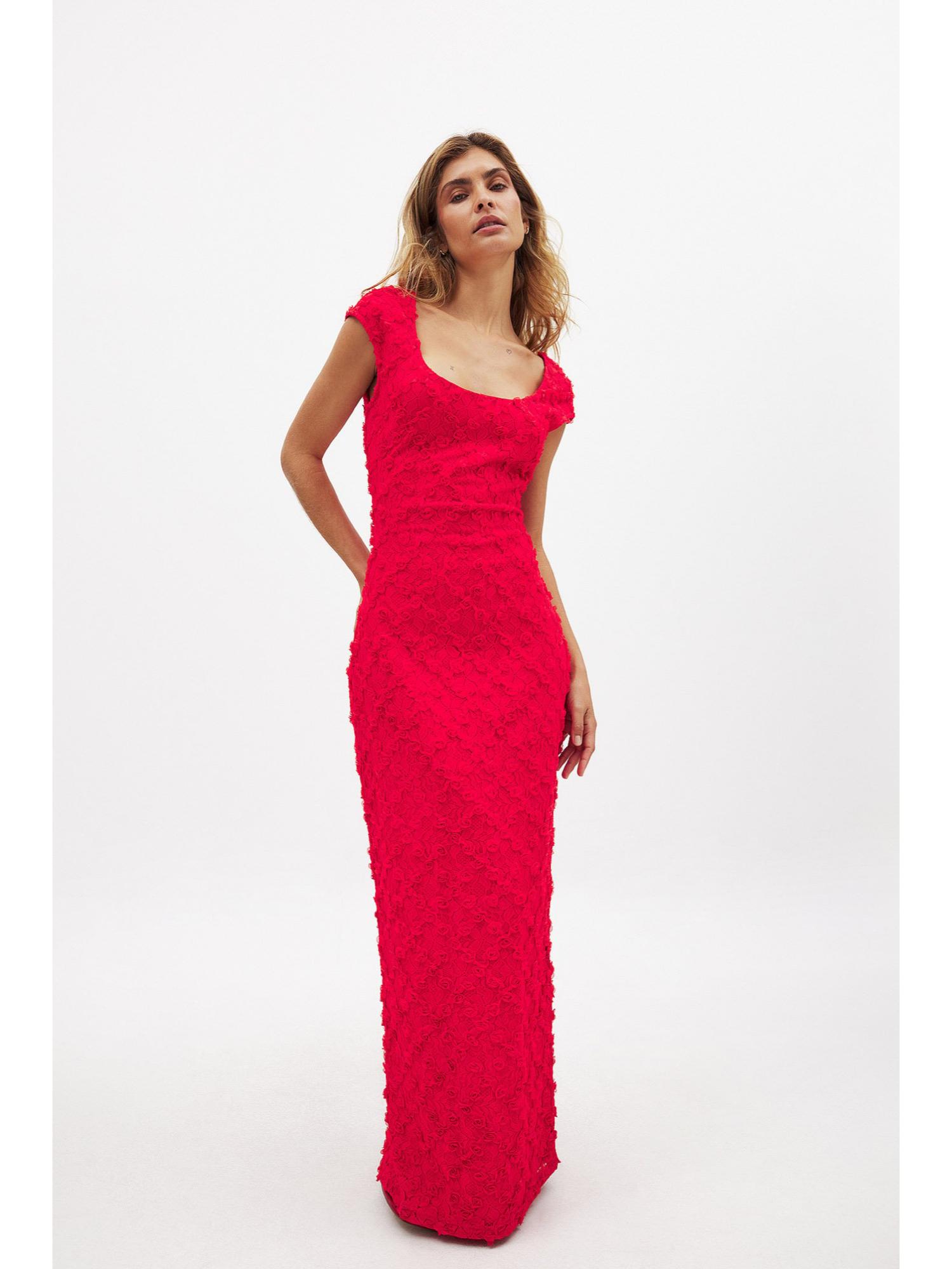 Open Back Lace Maxi Dress - Red-image-8