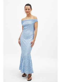 NA-KD - Off Shoulder Midi Lace Dress - Light Blue