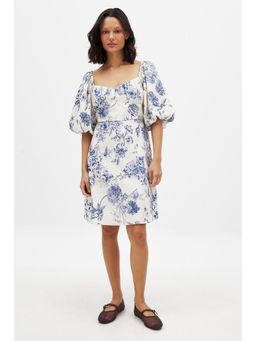NA-KD - Linen Blend Puff Sleeve Mini Dress - Blue