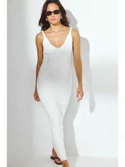 NA-KD - Ribbed Knitted Deep Back Dress - Ivory