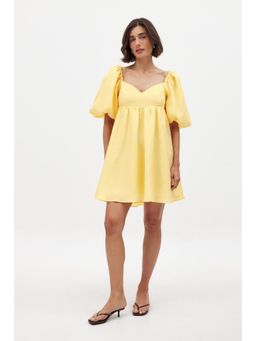 NA-KD - Jacquard Puff Sleeve Mini Dress - Pale Yellow