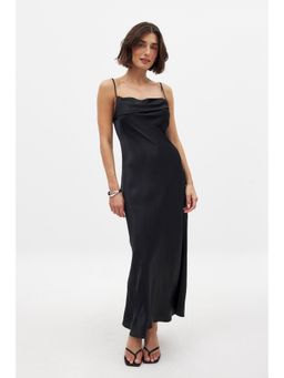NA-KD - Satin Fold Detail Midi Slip Dress - Black