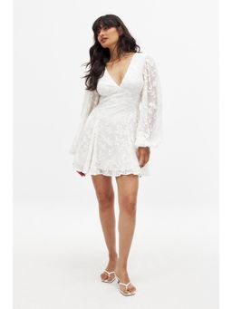 NA-KD - Embroidered Chiffon Long Sleeve Mini Dress - White