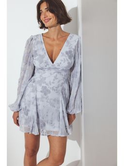 NA-KD - Embroidered Chiffon Long Sleeve Mini Dress - Light Blue