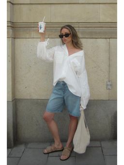 NA-KD - Mid Waist Wide Denim Shorts - Light Blue