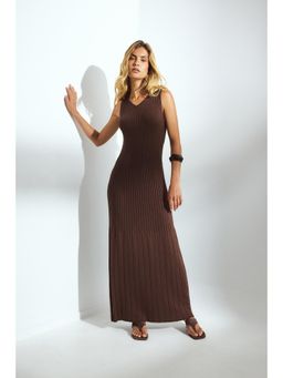 NA-KD - Knitted V - Neck Flowy Dress - Dark Brown