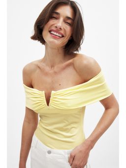 NA-KD - Jersey Deep Bodysuit - Light Yellow