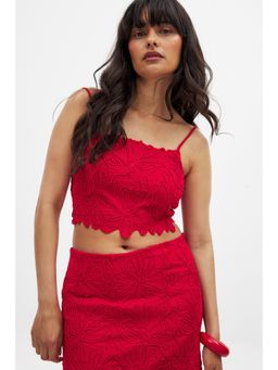 NA-KD - Linen Blend Anglaise Crop Top - Red