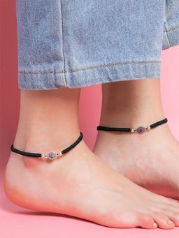 Zavya - Classic Thread Anklet in 925 Sterling Silver Rhodium Plating with Purple Stone