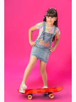 TINY GIRL - Barbie Denim Printed Dungaree with Half Sleeves T-Shirt