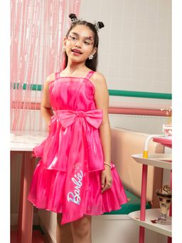 TINY GIRL - Barbie Sleeveless Bow Applique Detailed Printed Layered Dress