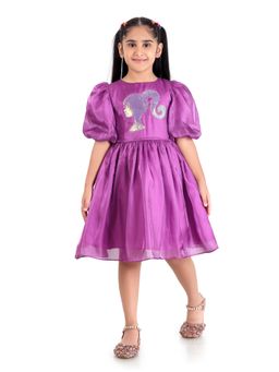 TINY GIRL - Barbie Sequin Logo Party Wear Frock With Balloon Sleeves