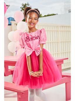 TINY GIRL - Barbie Half Puffed Sleeves Printed Bow Applique Detailed Dress