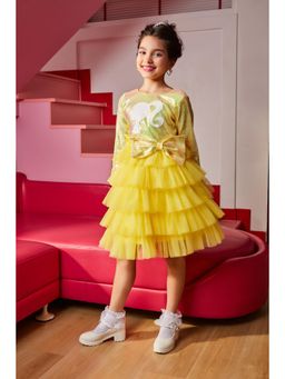 TINY GIRL - Barbie Yellow Tulle Tiered Frock With Sequin Top And Bow Detail