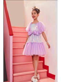 TINY GIRL - Barbie Half Puffed Sleeves Printed Bow Applique Sequin Embellished Dress