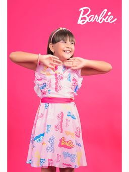 TINY GIRL - Barbie Sleeveless Frill Detailed Typography Printed Dress With Belt